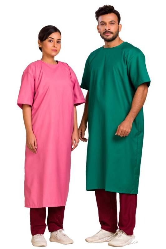 Back Tie Medical Gown – Large, Pink and Green, Half Sleeves, Handwashable Manufacturers, Suppliers in Vijayawada