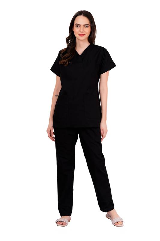 Black - Y Crossover Neckline Short Sleeve Top with Front & Inside Pockets, Gathered Pant with Adjustable Drawstring, Reinforced Side Vents, Customised Polycotton Fabric - Available in S to XXXL Manufacturers, Suppliers in Vijayawada