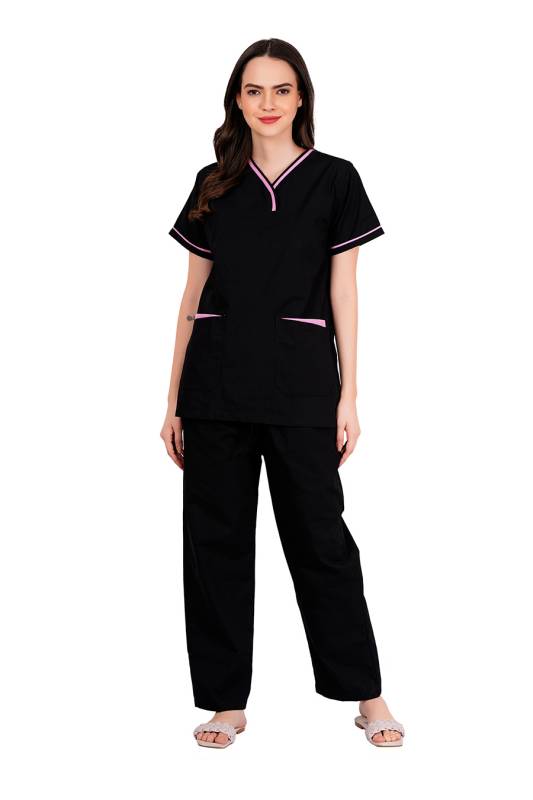 Black and Pink - Y Crossover Neckline Scrub Set with Short Sleeves, Six Pockets, Elastic Waist Pant, and Adjustable Drawstring – Customised Polycotton Fabric, Available in S-XXXL Manufacturers, Suppliers in Vijayawada