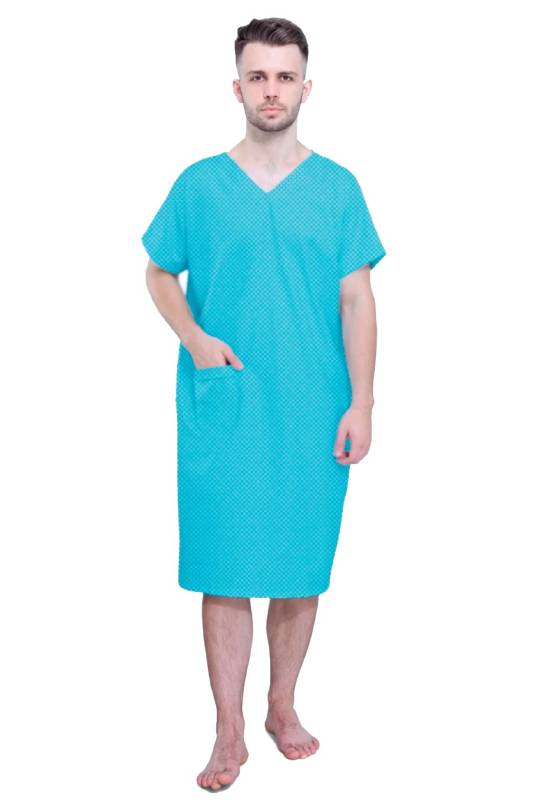 Comfortable Blue Cotton Patient Gown – Half Sleeves, Round Neck Design Manufacturers, Suppliers in Vijayawada