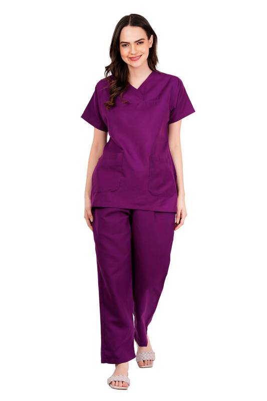 Dark Purple - Y Crossover Neckline Short Sleeve Top with Front & Inside Pockets, Gathered Pant with Adjustable Drawstring, Reinforced Side Vents, Customised Polycotton Fabric - Available in S to XXXL Manufacturers, Suppliers in Vijayawada