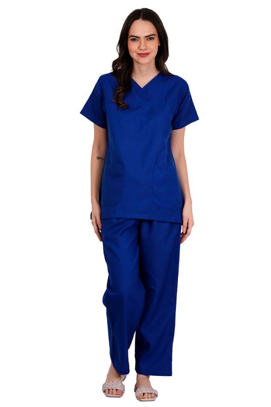 Galaxy Blue - Y Crossover Neckline Short Sleeve Top with Front and Inside Pockets, Gathered Pant with Adjustable Drawstring, Reinforced Side Vents, Customised Polycotton Fabric - Available in S to XXXL Manufacturers, Suppliers in Vijayawada