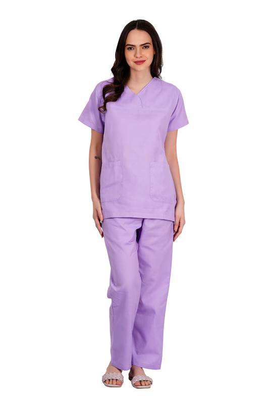 Light Lavender - Y Crossover Neckline Short Sleeve Top with Front & Inside Pockets, Gathered Pant with Adjustable Drawstring, Reinforced Side Vents, Customised Polycotton Fabric Available in S to XXXL Manufacturers, Suppliers in Vijayawada