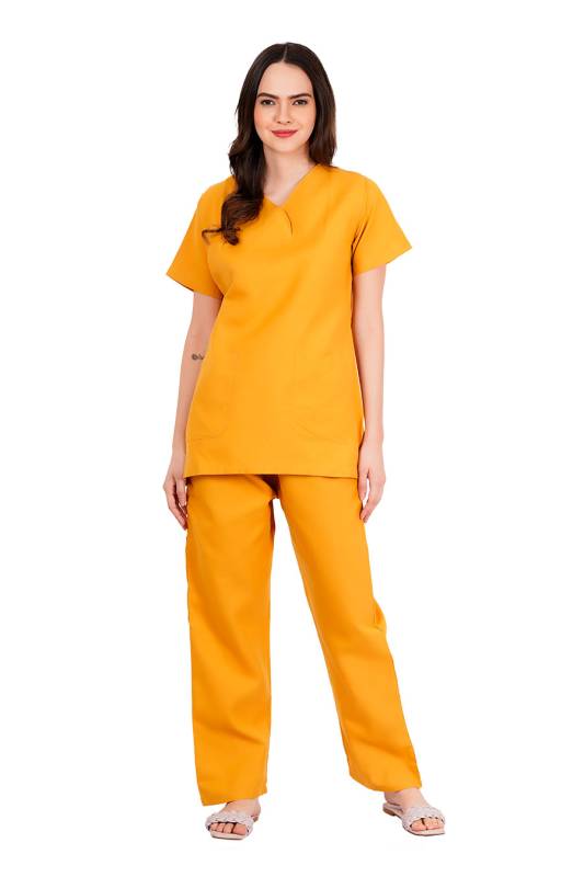 Mustard Yellow - Y Crossover Neckline Short Sleeve Top with Front & Inside Pockets, Gathered Pant with Adjustable Drawstring, Reinforced Side Vents, Customised Polycotton Fabric - Available in S to XXXL Manufacturers, Suppliers in Telangana