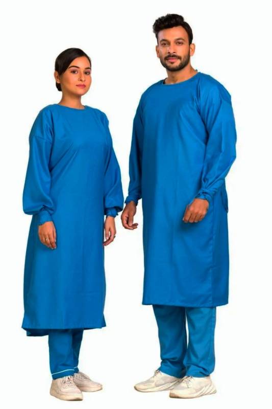 Non-Sterile Polycotton Gown - Blue, Round Neck, Universal Size, Machine Washable, Non-Disposable, 1 PC Packaging, Made in India - Hospital Use Manufacturers, Suppliers in Kolkata