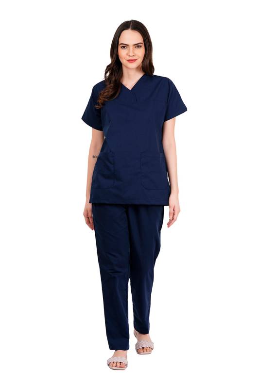 Olive Blue - Y Crossover Neckline Scrub Set with Short Sleeves, Front Patch Pockets, Flexible Waist Pant with Adjustable Drawstring – Customised Polycotton Fabric, Available in S-XXXL Manufacturers, Suppliers in Vijayawada