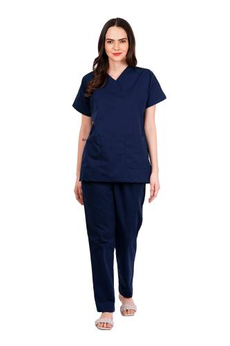 Olive Blue - Y Crossover Neckline Scrub Set with Short Sleeves, Front Patch Pockets, Flexible Waist Pant with Adjustable Drawstring – Customised Polycotton Fabric, Available in S-XXXL Manufacturers, Suppliers in Tamil Nadu