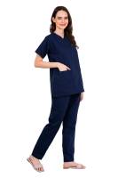 Olive Blue - Y Crossover Neckline Scrub Set with Short Sleeves, Front Patch Pockets, Flexible Waist Pant with Adjustable Drawstring – Customised Polycotton Fabric, Available in S-XXXL Manufacturers, Suppliers in Tamil Nadu