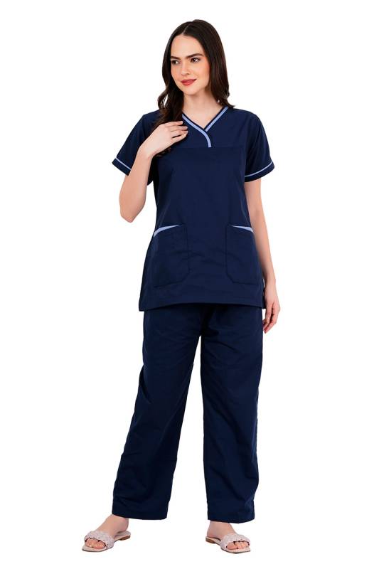 Olive Blue and Blue - Y Crossover Neckline Short Sleeve Top with Six Pockets, Full Elastic Waistband Pant with Adjustable Drawstring, Reinforced Side Vents, Customised Polycotton Fabric - Available in S to XXXL Manufacturers, Suppliers in Vijayawada