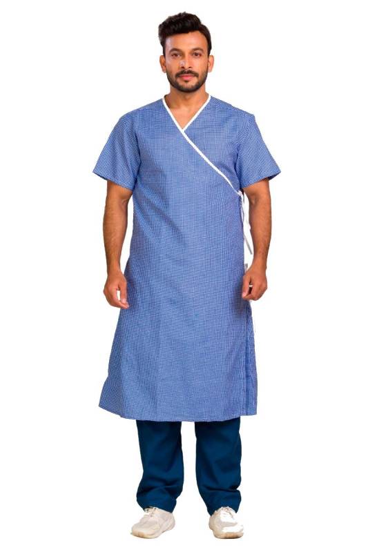 Patient Gown – Front Open Overlap, Large Cotton Design in Blue and Brown Manufacturers, Suppliers in Vijayawada