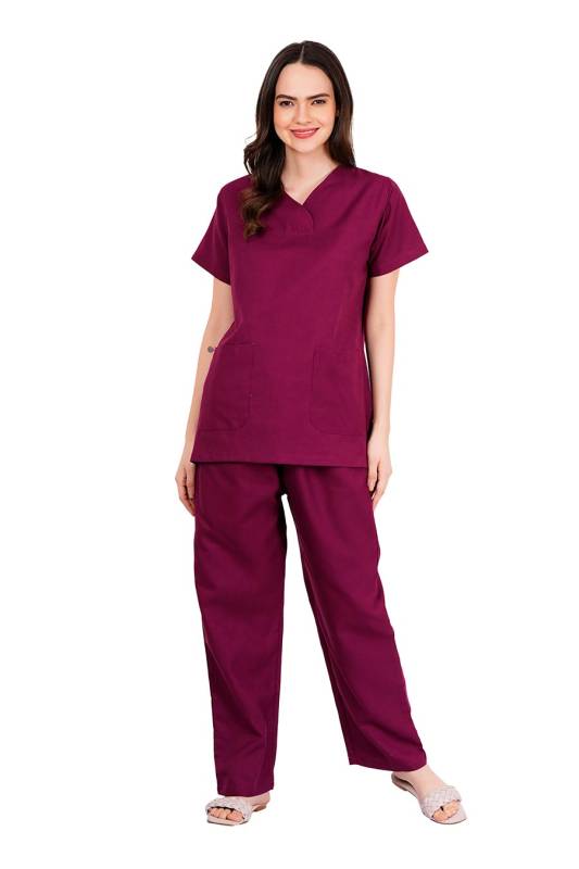 Reddish Burgundy - Y Crossover Neckline Short Sleeve Top with Front & Inside Pockets, Gathered Pant with Adjustable Drawstring, Reinforced Side Vents, Customised Polycotton Fabric - Available in S to XXXL Manufacturers, Suppliers in Vijayawada