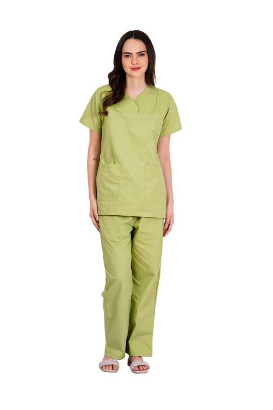 Sage Green - Y Crossover Neckline Short Sleeve Top with Front & Inside Pockets, Gathered Pant with Adjustable Drawstring, Reinforced Vents, Customised Polycotton Fabric - Available in S to XXXL Manufacturers, Suppliers in Vijayawada